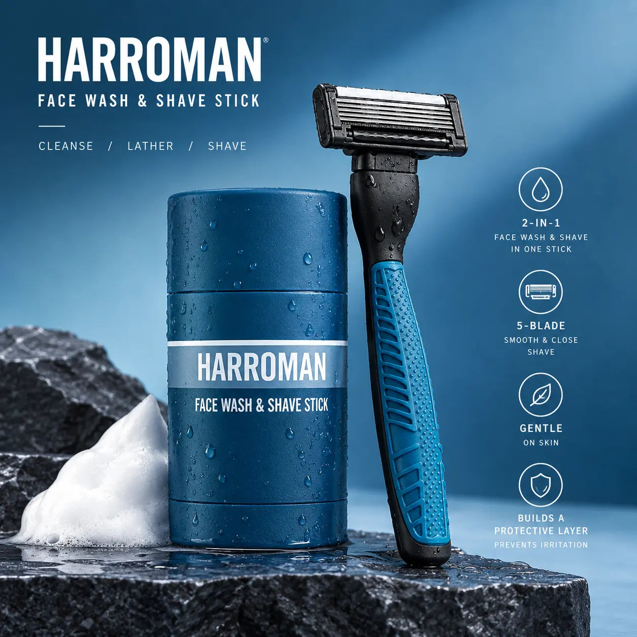 HARROMAN 2-in-1 Face Wash & Shave Stick