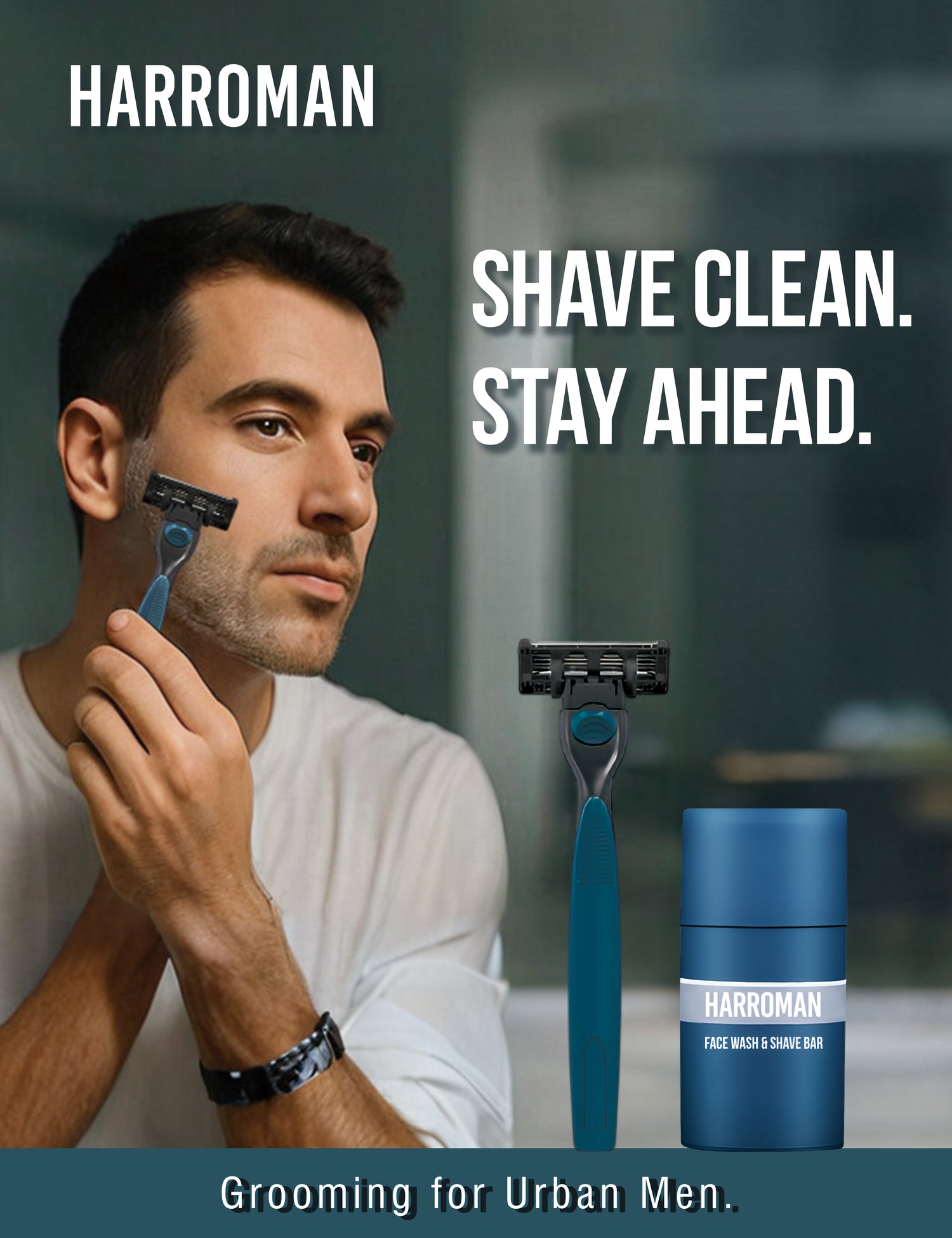 Man shaving with a Harroman razor and soap, with text 'Shave Clean. Stay Ahead.'