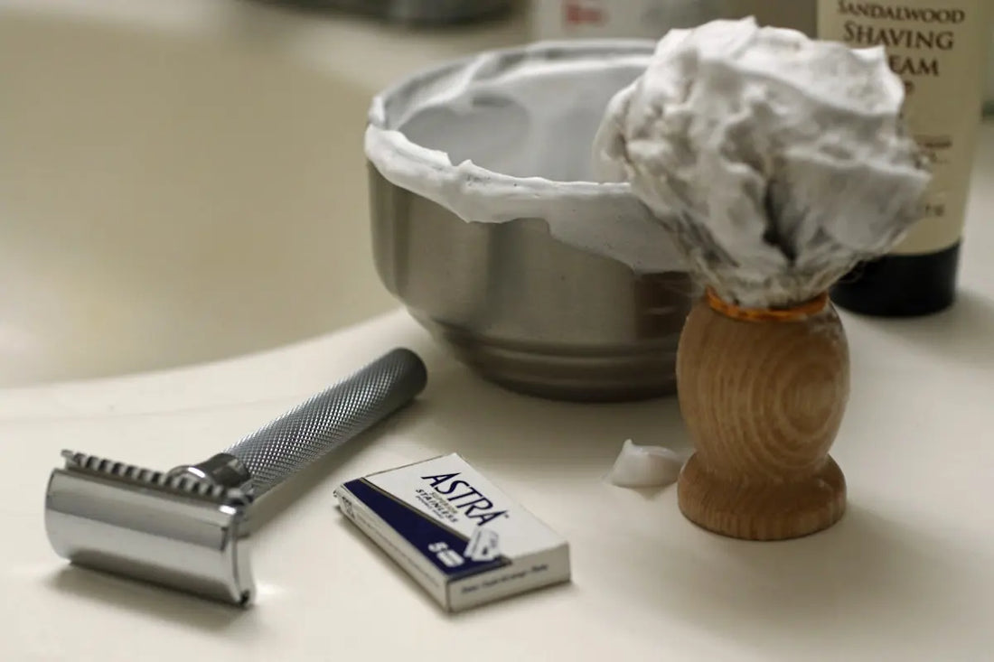 Double edge razor, shaving cream, and brush