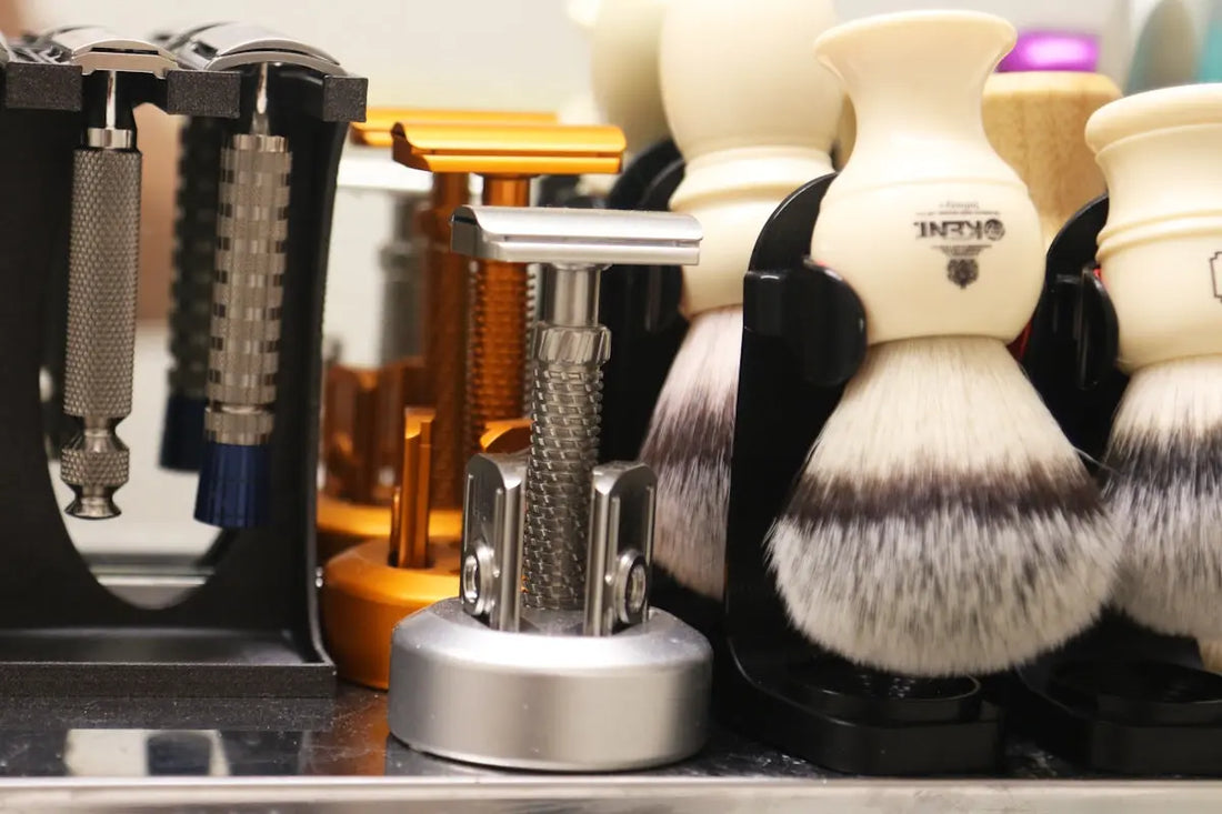 Grooming tools: safety razors and shaving brushes.