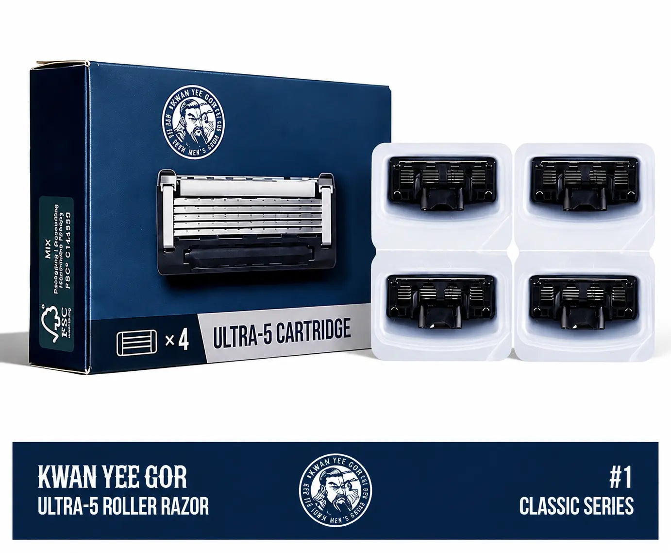 Box of Kwan Yee Gor Ultra-5 Roller Razor with four black replacement cartridges in white plastic packaging, shown on a white background with a dark blue branded banner at the bottom.