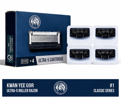 Box of Kwan Yee Gor Ultra-5 Roller Razor with four black replacement cartridges in white plastic packaging, shown on a white background with a dark blue branded banner at the bottom.